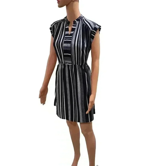 Navy and White Striped Dress with Tie Waist - Picture 2 of 5